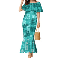 Vintage Hawaii Mermaid Dress Hibiscus Mix Hawaiian Quilt Patches - Teal - Wonder Print Shop