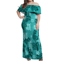 Vintage Hawaii Off Shoulder Maxi Dress Hibiscus Mix Hawaiian Quilt Patches - Teal - Wonder Print Shop