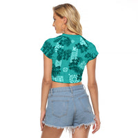 Vintage Hawaii Raglan Cropped T Shirt Hibiscus Mix Hawaiian Quilt Patches - Teal - Wonder Print Shop