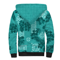 Vintage Hawaii Sherpa Hoodie Hibiscus Mix Hawaiian Quilt Patches - Teal - Wonder Print Shop