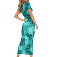 Vintage Hawaii Short Sleeve Bodycon Dress Hibiscus Mix Hawaiian Quilt Patches - Teal - Wonder Print Shop