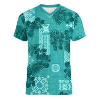 Vintage Hawaii Women V Neck T Shirt Hibiscus Mix Hawaiian Quilt Patches - Teal - Wonder Print Shop