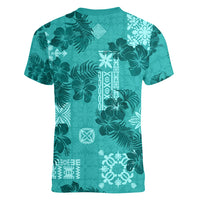 Vintage Hawaii Women V Neck T Shirt Hibiscus Mix Hawaiian Quilt Patches - Teal - Wonder Print Shop
