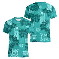Vintage Hawaii Women V Neck T Shirt Hibiscus Mix Hawaiian Quilt Patches - Teal - Wonder Print Shop