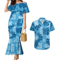 Hawaii Tapa Couples Matching Mermaid Dress and Hawaiian Shirt Hibiscus Mix Hawaiian Quilt Patches - Blue LT7 - Wonder Print Shop