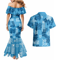 Hawaii Tapa Couples Matching Mermaid Dress and Hawaiian Shirt Hibiscus Mix Hawaiian Quilt Patches - Blue LT7 - Wonder Print Shop