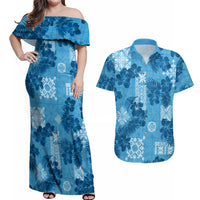 Hawaii Tapa Couples Matching Off Shoulder Maxi Dress and Hawaiian Shirt Hibiscus Mix Hawaiian Quilt Patches - Blue LT7 - Wonder Print Shop