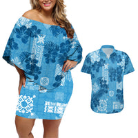 Hawaii Tapa Couples Matching Off Shoulder Short Dress and Hawaiian Shirt Hibiscus Mix Hawaiian Quilt Patches - Blue LT7 - Wonder Print Shop