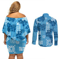 Hawaii Tapa Couples Matching Off Shoulder Short Dress and Long Sleeve Button Shirt Hibiscus Mix Hawaiian Quilt Patches - Blue LT7 - Wonder Print Shop