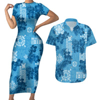 Hawaii Tapa Couples Matching Short Sleeve Bodycon Dress and Hawaiian Shirt Hibiscus Mix Hawaiian Quilt Patches - Blue LT7 - Wonder Print Shop