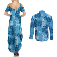 Hawaii Tapa Couples Matching Summer Maxi Dress and Long Sleeve Button Shirt Hibiscus Mix Hawaiian Quilt Patches - Blue LT7 - Wonder Print Shop