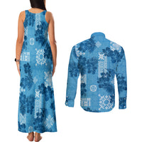 Hawaii Tapa Couples Matching Tank Maxi Dress and Long Sleeve Button Shirt Hibiscus Mix Hawaiian Quilt Patches - Blue LT7 - Wonder Print Shop