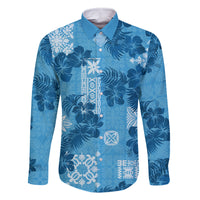 Hawaii Tapa Family Matching Off Shoulder Maxi Dress and Hawaiian Shirt Hibiscus Mix Hawaiian Quilt Patches - Blue LT7 - Wonder Print Shop