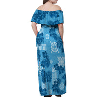 Hawaii Tapa Family Matching Off Shoulder Maxi Dress and Hawaiian Shirt Hibiscus Mix Hawaiian Quilt Patches - Blue LT7 - Wonder Print Shop