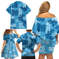 Hawaii Tapa Family Matching Off Shoulder Short Dress and Hawaiian Shirt Hibiscus Mix Hawaiian Quilt Patches - Blue LT7 - Wonder Print Shop