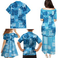 Hawaii Tapa Family Matching Puletasi Dress and Hawaiian Shirt Hibiscus Mix Hawaiian Quilt Patches - Blue - Wonder Print Shop