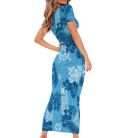 Hawaii Tapa Family Matching Short Sleeve Bodycon Dress and Hawaiian Shirt Hibiscus Mix Hawaiian Quilt Patches - Blue - Wonder Print Shop