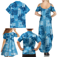 Hawaii Tapa Family Matching Summer Maxi Dress and Hawaiian Shirt Hibiscus Mix Hawaiian Quilt Patches - Blue - Wonder Print Shop