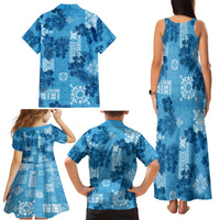 Hawaii Tapa Family Matching Tank Maxi Dress and Hawaiian Shirt Hibiscus Mix Hawaiian Quilt Patches - Blue - Wonder Print Shop