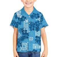 Hawaii Tapa Kid Hawaiian Shirt Hibiscus Mix Hawaiian Quilt Patches - Blue - Wonder Print Shop