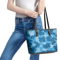 Hawaii Tapa Leather Tote Bag Hibiscus Mix Hawaiian Quilt Patches - Blue - Wonder Print Shop