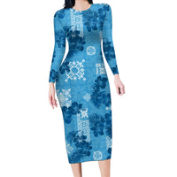 Hawaii Tapa Long Sleeve Bodycon Dress Hibiscus Mix Hawaiian Quilt Patches - Blue - Wonder Print Shop