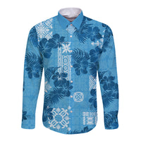 Hawaii Tapa Long Sleeve Button Shirt Hibiscus Mix Hawaiian Quilt Patches - Blue - Wonder Print Shop
