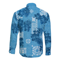 Hawaii Tapa Long Sleeve Button Shirt Hibiscus Mix Hawaiian Quilt Patches - Blue - Wonder Print Shop