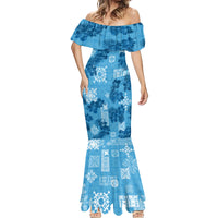Hawaii Tapa Mermaid Dress Hibiscus Mix Hawaiian Quilt Patches - Blue - Wonder Print Shop
