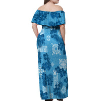 Hawaii Tapa Off Shoulder Maxi Dress Hibiscus Mix Hawaiian Quilt Patches - Blue - Wonder Print Shop