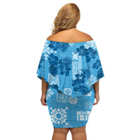 Hawaii Tapa Off Shoulder Short Dress Hibiscus Mix Hawaiian Quilt Patches - Blue - Wonder Print Shop