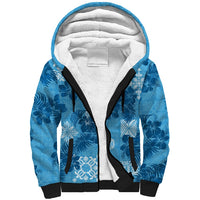 Hawaii Tapa Sherpa Hoodie Hibiscus Mix Hawaiian Quilt Patches - Blue - Wonder Print Shop