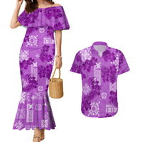 Hawaii Tapa Couples Matching Mermaid Dress and Hawaiian Shirt Hibiscus Mix Hawaiian Quilt Patches - Violet LT7 - Wonder Print Shop