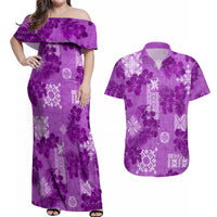 Hawaii Tapa Couples Matching Off Shoulder Maxi Dress and Hawaiian Shirt Hibiscus Mix Hawaiian Quilt Patches - Violet LT7 - Wonder Print Shop