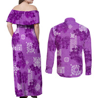 Hawaii Tapa Couples Matching Off Shoulder Maxi Dress and Long Sleeve Button Shirt Hibiscus Mix Hawaiian Quilt Patches - Violet LT7 - Wonder Print Shop