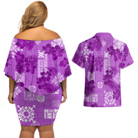Hawaii Tapa Couples Matching Off Shoulder Short Dress and Hawaiian Shirt Hibiscus Mix Hawaiian Quilt Patches - Violet LT7 - Wonder Print Shop