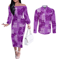 hawaii-tapa-couples-matching-off-the-shoulder-long-sleeve-dress-and-long-sleeve-button-shirt-hibiscus-mix-hawaiian-quilt-patches-violet