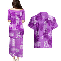 Hawaii Tapa Couples Matching Puletasi Dress and Hawaiian Shirt Hibiscus Mix Hawaiian Quilt Patches - Violet LT7 - Wonder Print Shop