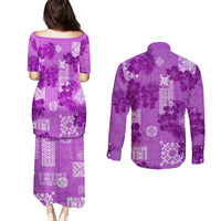 Hawaii Tapa Couples Matching Puletasi Dress and Long Sleeve Button Shirt Hibiscus Mix Hawaiian Quilt Patches - Violet LT7 - Wonder Print Shop