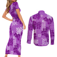 Hawaii Tapa Couples Matching Short Sleeve Bodycon Dress and Long Sleeve Button Shirt Hibiscus Mix Hawaiian Quilt Patches - Violet LT7 - Wonder Print Shop