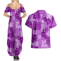 Hawaii Tapa Couples Matching Summer Maxi Dress and Hawaiian Shirt Hibiscus Mix Hawaiian Quilt Patches - Violet LT7 - Wonder Print Shop