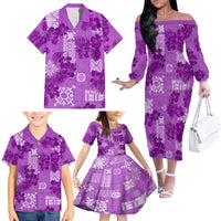 Hawaii Tapa Family Matching Off Shoulder Long Sleeve Dress and Hawaiian Shirt Hibiscus Mix Hawaiian Quilt Patches - Violet - Wonder Print Shop