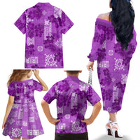 Hawaii Tapa Family Matching Off Shoulder Long Sleeve Dress and Hawaiian Shirt Hibiscus Mix Hawaiian Quilt Patches - Violet - Wonder Print Shop