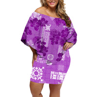 Hawaii Tapa Family Matching Off Shoulder Short Dress and Hawaiian Shirt Hibiscus Mix Hawaiian Quilt Patches - Violet LT7 - Wonder Print Shop