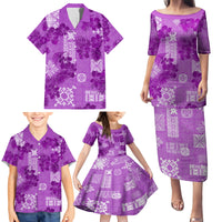Hawaii Tapa Family Matching Puletasi Dress and Hawaiian Shirt Hibiscus Mix Hawaiian Quilt Patches - Violet - Wonder Print Shop