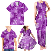 Hawaii Tapa Family Matching Tank Maxi Dress and Hawaiian Shirt Hibiscus Mix Hawaiian Quilt Patches - Violet - Wonder Print Shop