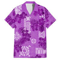 Violet Hawaiian shirt, short-sleeve button-up, hibiscus and patchwork quilt pattern