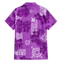 Violet Hawaiian shirt back view, short-sleeve button-up with hibiscus and quilt patches