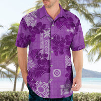 Violet Hawaiian shirt front on model, short-sleeve button-up with hibiscus patchwork