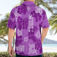 Violet Hawaiian shirt back on model, short-sleeve button-up with hibiscus patchwork